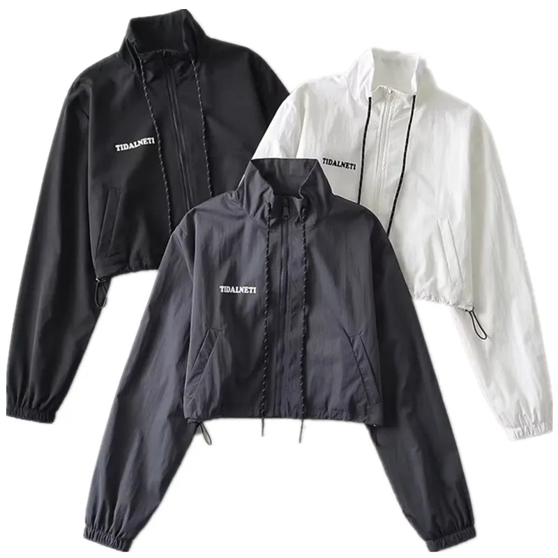 

Faionable Women's Zipper Long Sve Stand Collar Pure Color Printed Loose Outerwear Tee Colors Commute Sle ort Coat