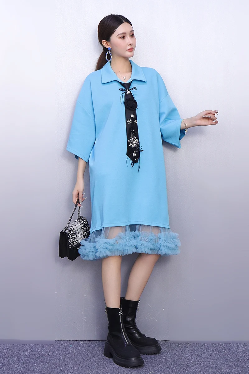 2025年秋新作 エレガントな女性用ルーズメッシュスプライシングTシャツワンピース 女性用長袖ワンピース 卸売 J2039