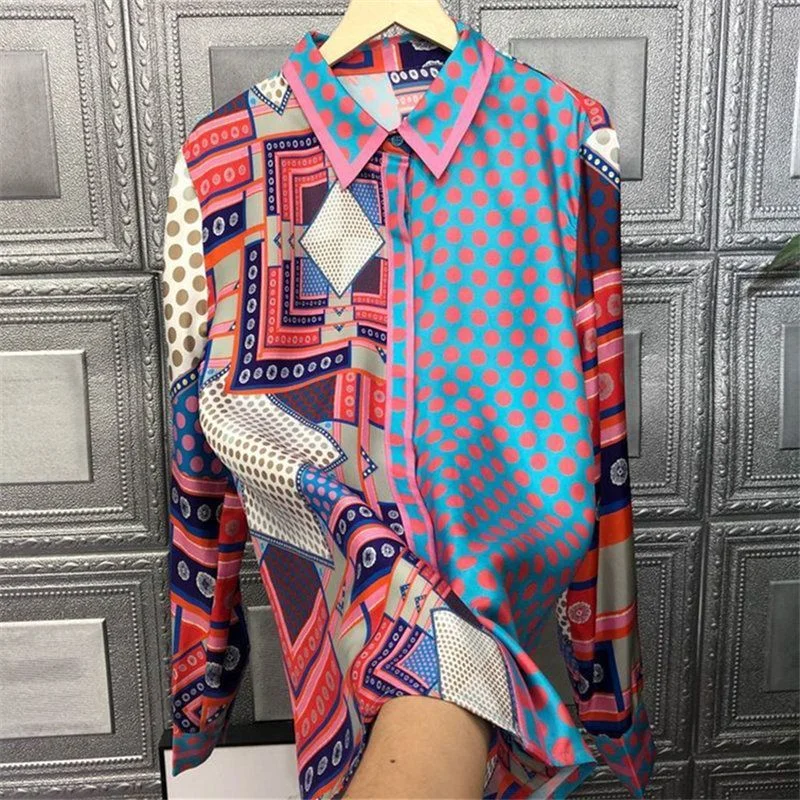 

2025 Women's New Stitched POLO Collar Button Print Temperament Chinese Style Long Sleeve Shirt