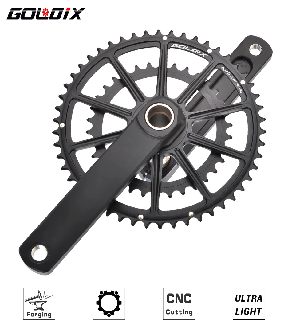 GOLDIX Rennrad-Kurbelgarnitur, 165/170/172,5/175 mm Länge, Aluminiumlegierung, geschmiedete Fahrradkurbel, Doppelkettenblatt, 50–34 Zähne/52–36 Zähne/53–39 Zähne – Detail 1