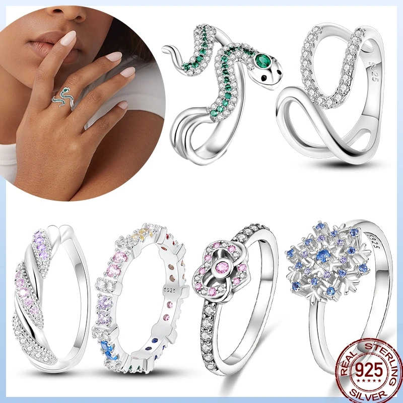 Women's Ring 925 Sterling Silver Snowflake Classic Art Shiny Zirconia Love Shaped Ring Wedding Romantic Jewelry