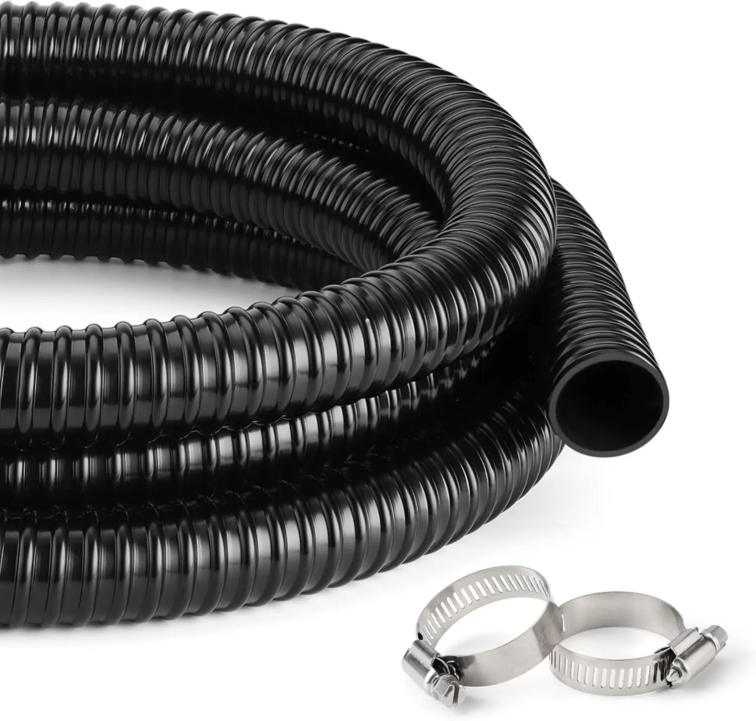 

1 1/4 Inch Pond Tubing – 10ft Flexible PVC Corrugated Pond Hose with 2 Stainless Steel Hose Clamps, Kink-Proof Black Pump Tu