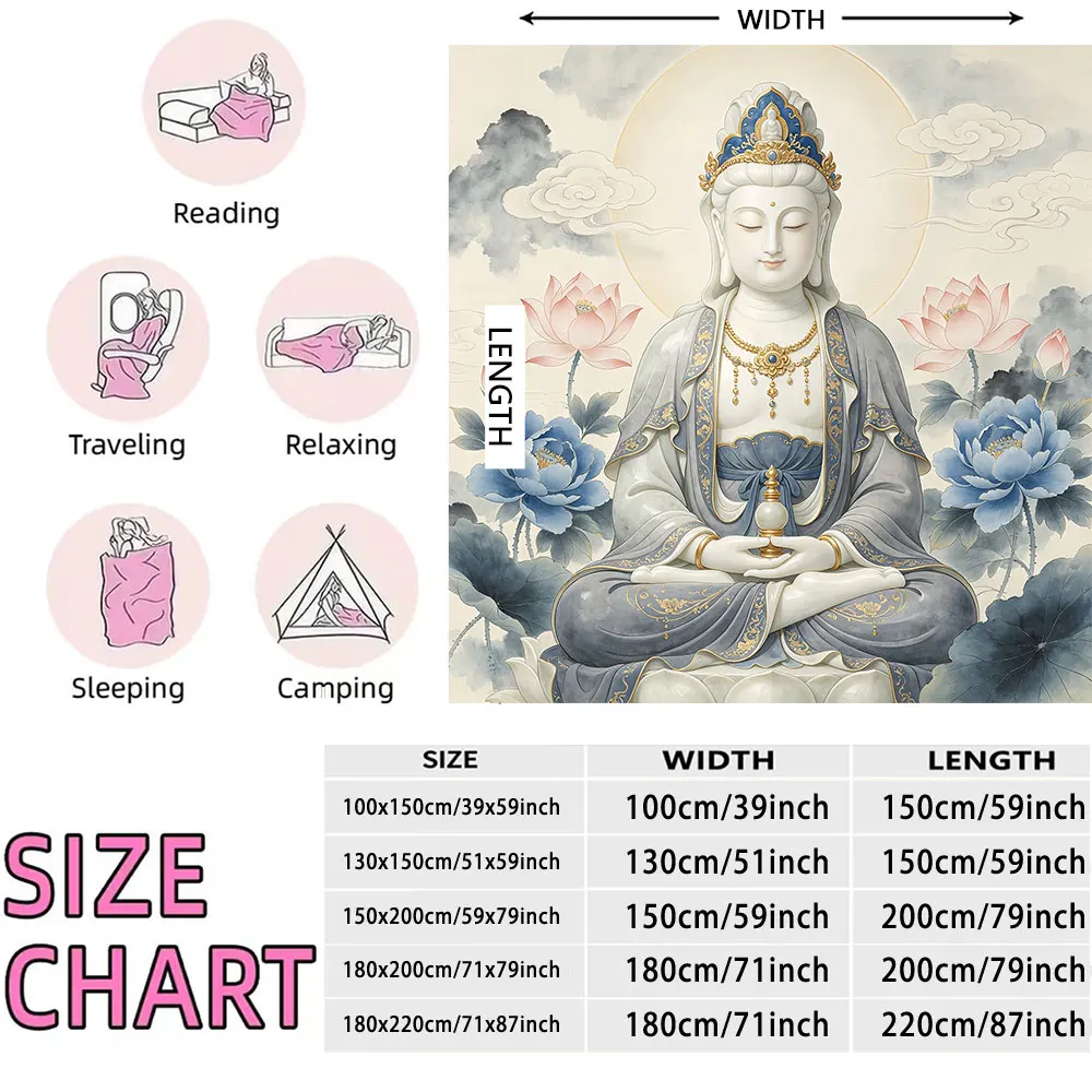 1pc Giant Buddha Lotus Flower Print 230 Flannel Blanket Multiple Sizes Soft Comfortable Nap Time Machine Washable Cover Blanket