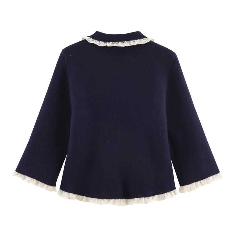 เสื้อคาร์ดิแกนไหมพรมผู้หญิงสำหรับฤดูใบไม้ร่วง แต่งลูกไม้ ปกปีเตอร์แพน ตัดต่อผ้า แขนยาว ติดกระดุม สไตล์ลำลอง เสื้อสเวตเตอร์ผู้หญิง เสื้อท่อนบนผู้หญิง