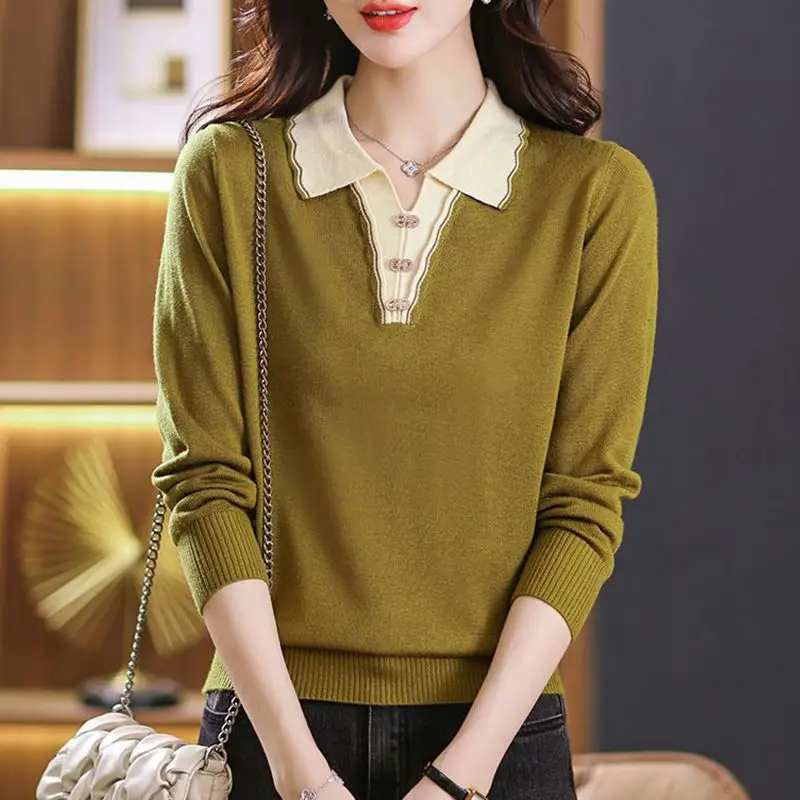 Spring and Autumn Women's Pullover Fake Two Piece Polo Neck Button Solid Color Sweater Underlay Fashion Casual RLong Sleeve Tops