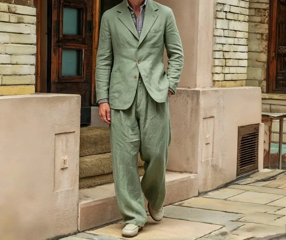 Beige Linen Relaxed Prom Suits 2 Pieces 1970s Men Suits Vintage Style Groom Wedding Tuxedo Blazer Trousers Set Ropa Hombre