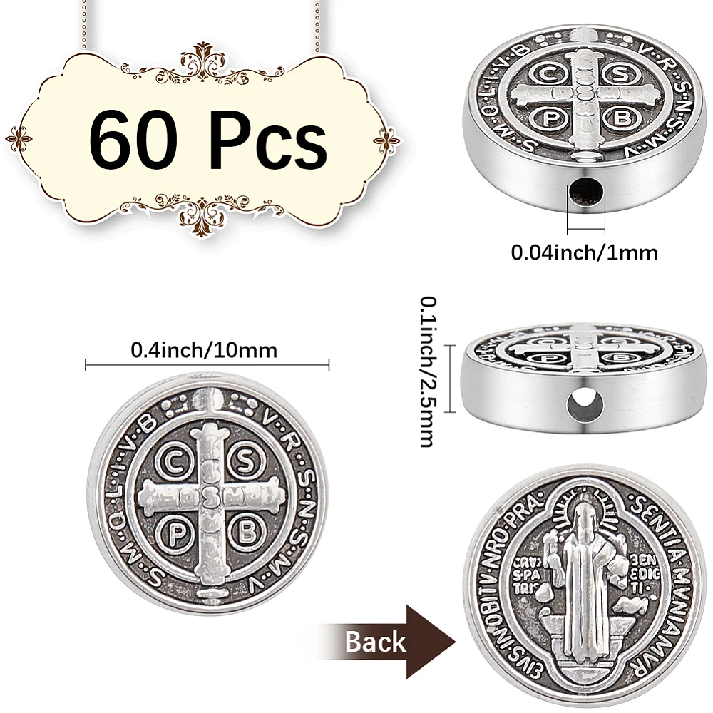 1 Box 60Pcs Metal Beads Rosary Beads Style Alloy Flat Round Mini Crosses Silver Crucifix Spacers for Jewelry Making Supplies