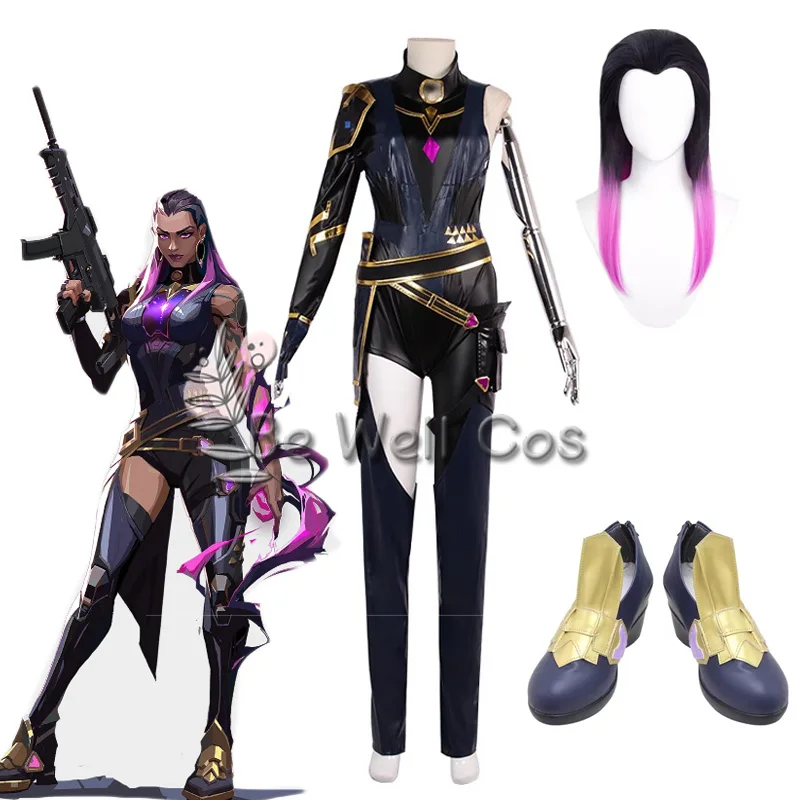 Game Valorant Reyna Cosplay Costume Wig Reyna Cosplay Black Female Combat Clothes Halloween Party Carniavl Roleplay Outfit Shoes