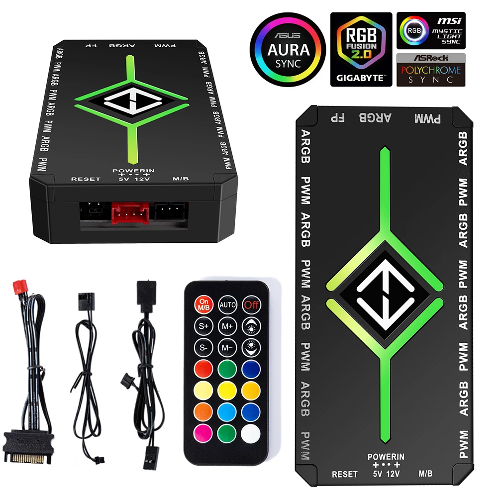 1 To 9 Ports 3 in 1 4 Pin PWM Magnetic Suction Hub with Remote PWM ARGB Fan Hub PWM & ARGB Hub Splitter for Computer PC Case Fan