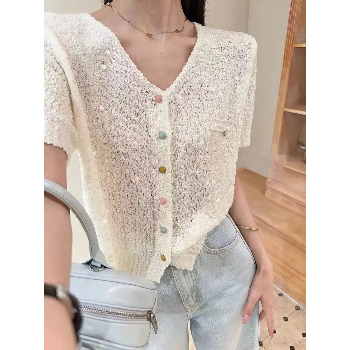 

French Chic Style V-Neck Color Button Sequin Knit Cardigan Women's Sweet and Versatile Short Sleeve Top