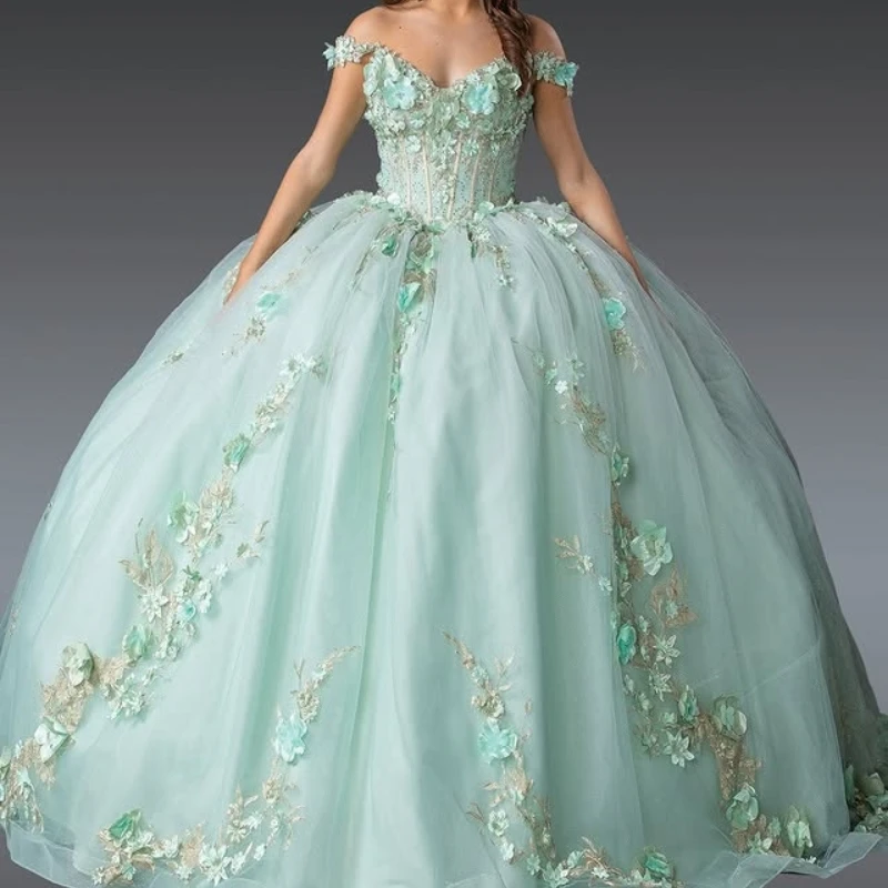 

Mint Green Quinceanera Dresses Ball Gown Off The Shoulder Appliques Flower Beads Tull Birthday Party Gown Sweet 16 Vestidos De