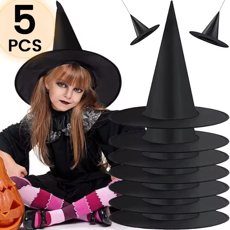 

5Pcs Halloween Witch Hat Unisex Black Hats for Adults Kids Halloween Party Supply Cosplay Costume Props Decorations Wizard Caps