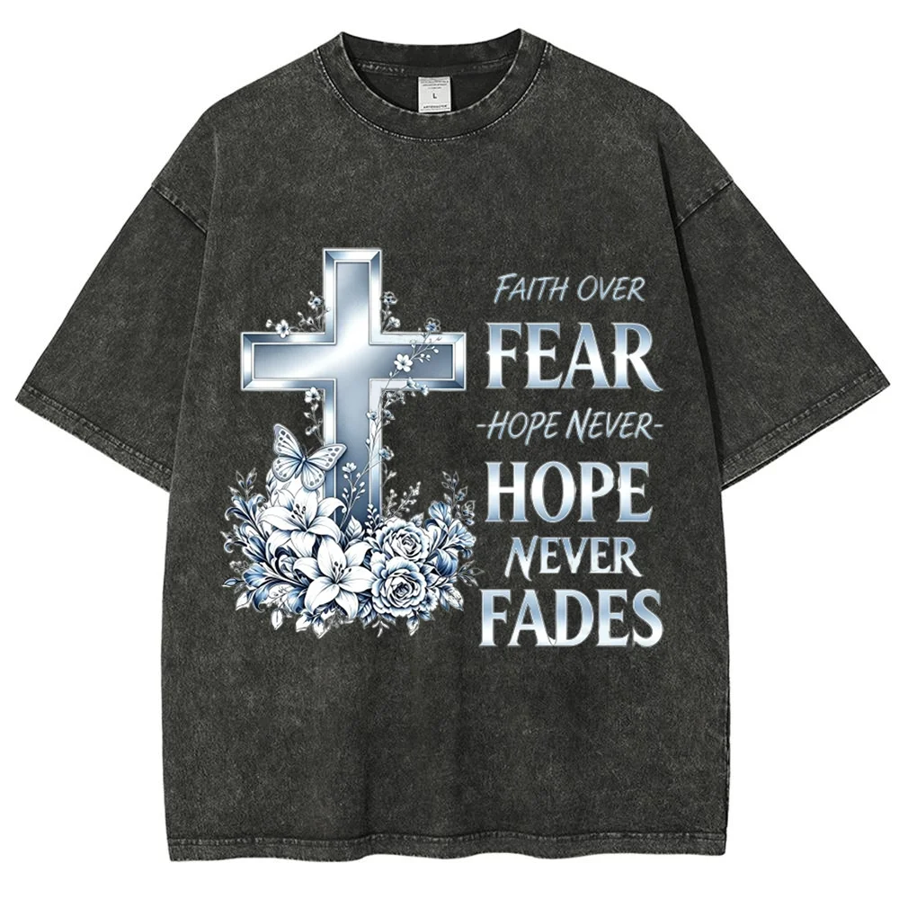 Acid Washed Graphic Tee Women Faith Over Fear Cross Flower Butterfly Print Vintage Christian Religious Hope Never Fades Loose