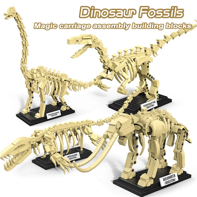 Educational Dinosaur Fossil Skeleton Building Blocks - Realistic Tyrannosaurus rex, Triceratops, Pterosaur and Stegosaurus Model