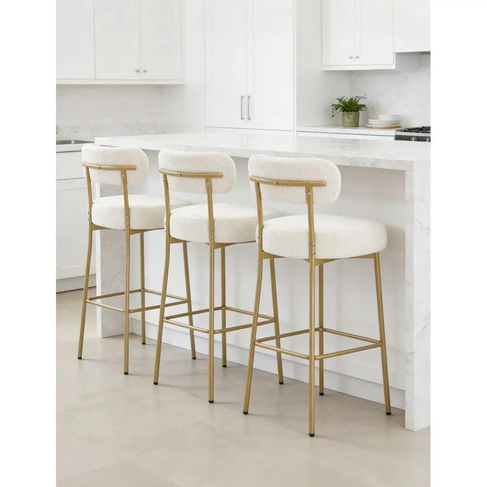 

Bar Stools Set of 3, Modern Boucle Counter Height Bar Stools, 28 Counter Stools with Backs, Upholstered Barstools with Gold Leg