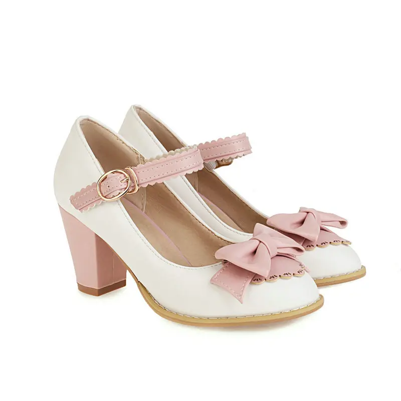 Women's Mary Jane Fashion Square Toe Easy Buckle Block High Chunky Heel Chic Bow Slip On Pumps Work Party Dress Shoes Plus Size