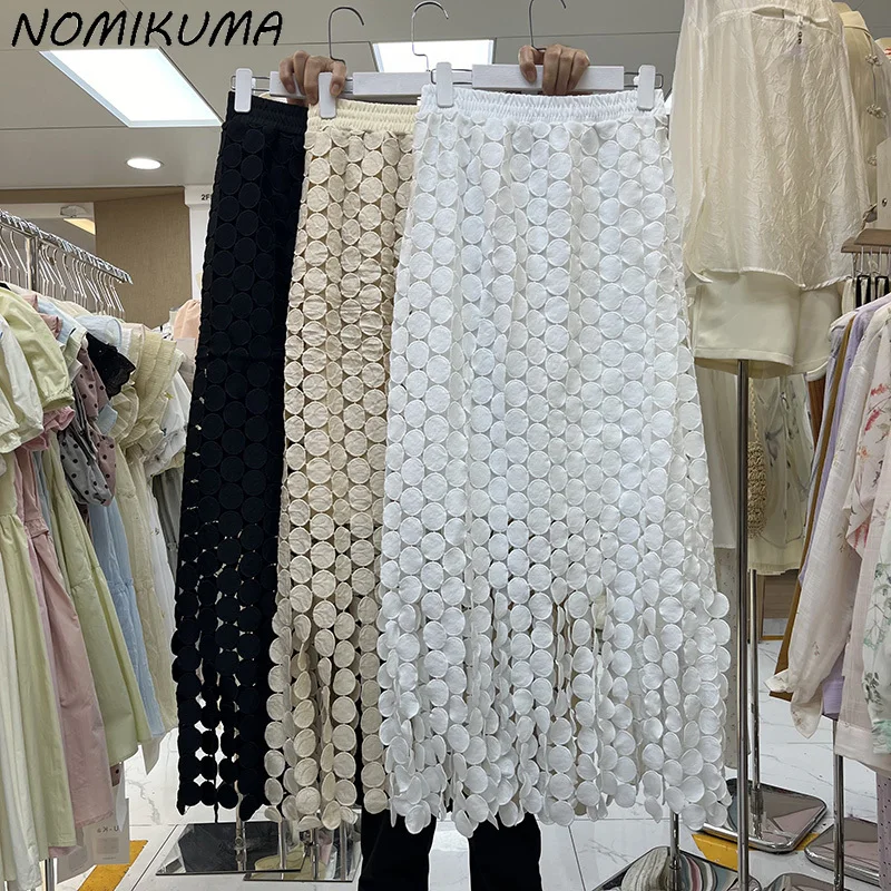 

Nomikuma Hollowed Out Korean Fashion Tassel Straight Skirt Elegant Solid Color Embroidered Lace Polka Dot Irregular Long Skirts