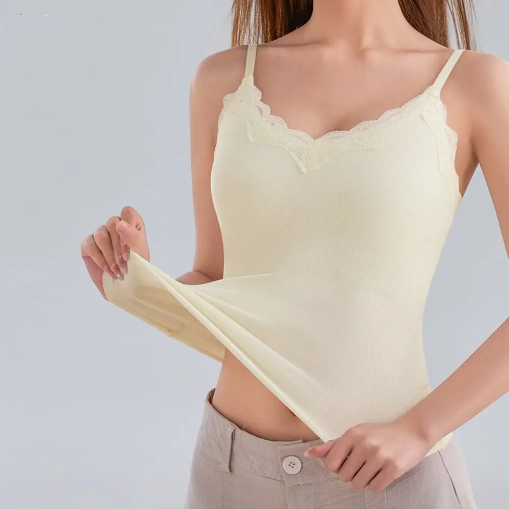 Sous-vêtement thermique en dentelle Simple pour femmes, tricot en velours, Slim Fit, Camisole thermique d'hiver, col en V, gilet sans manches, haut chaud pour femme
