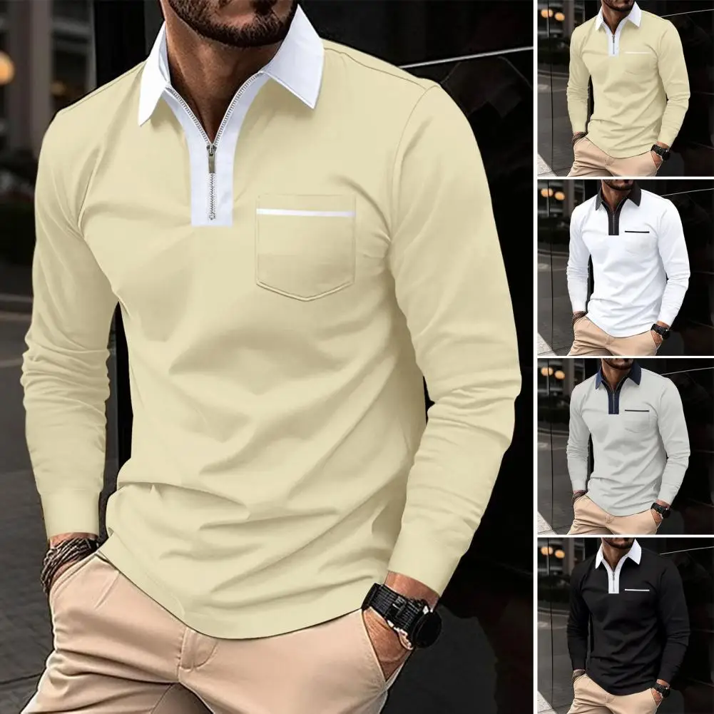 Long Sleeve Shirt Lapel Collar Shirt Versatile Men's Half-zippered Pullover Shirt with Lapel Collar Sweat Absorbing for Spring