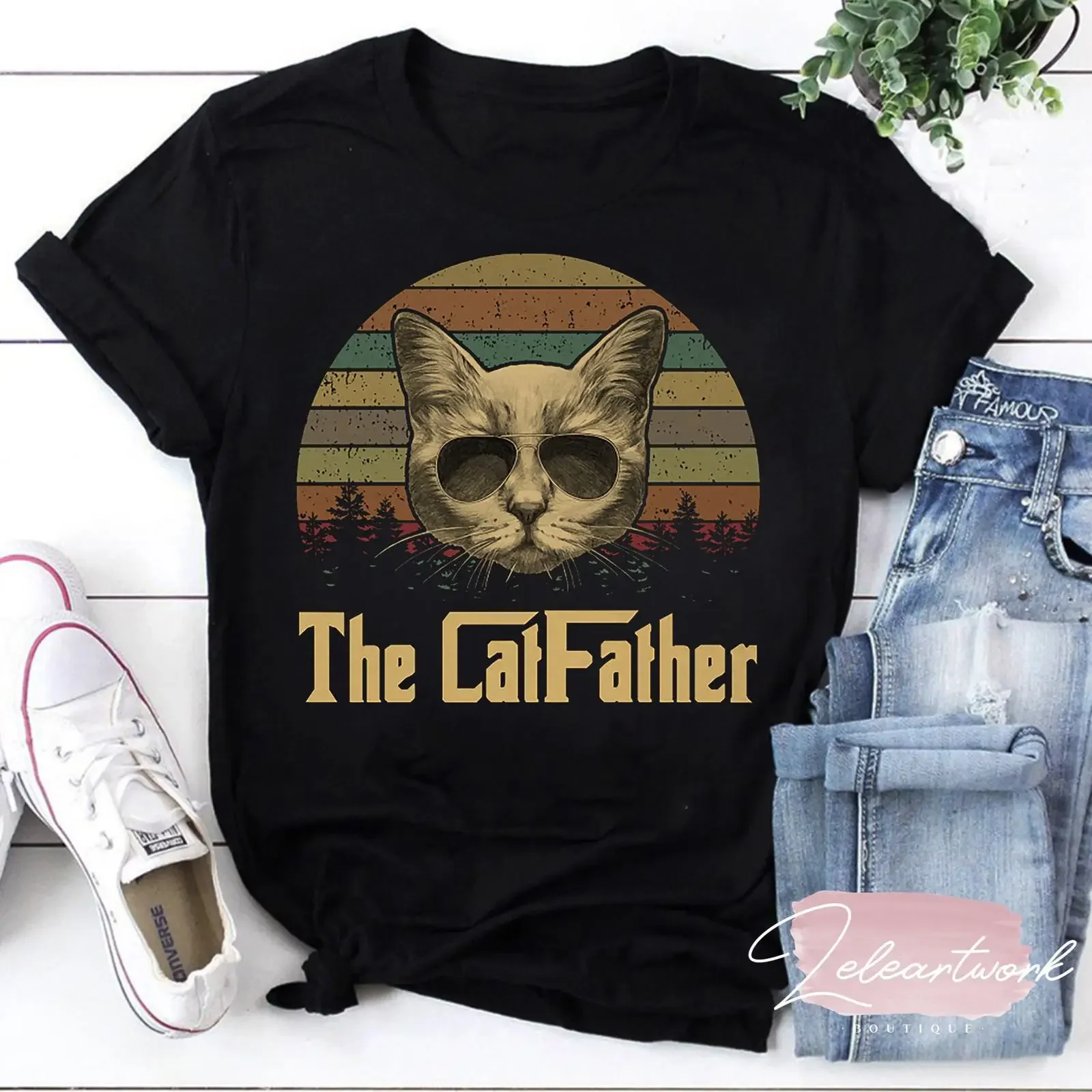 The Cat Father T Shirt For Lover Dad Men Kitten Daddy Catfather Vintage Father's Day vintage Washed Stretched Casual Unisex