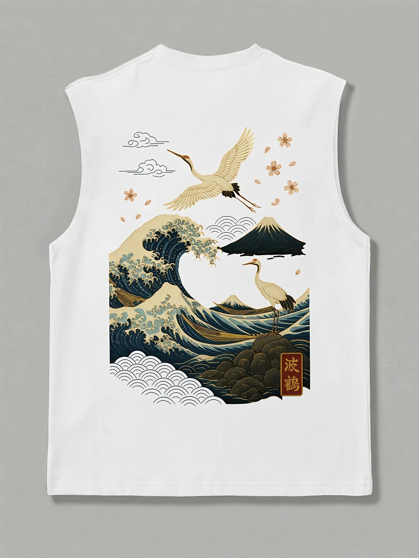 100% Pure Cotton Men's Summer Fashionable Casual Loose Wave and Crane Pattern Printed Fitness Sleeveless Vest