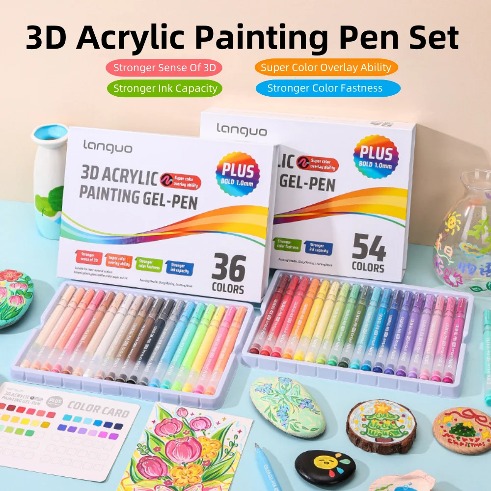 Large Capacity 36/54 Colors 3D Acrylic Painting Gel Pens Set Student Hand Account,Painting,Graffiti, Stacked Colors Art Supplies