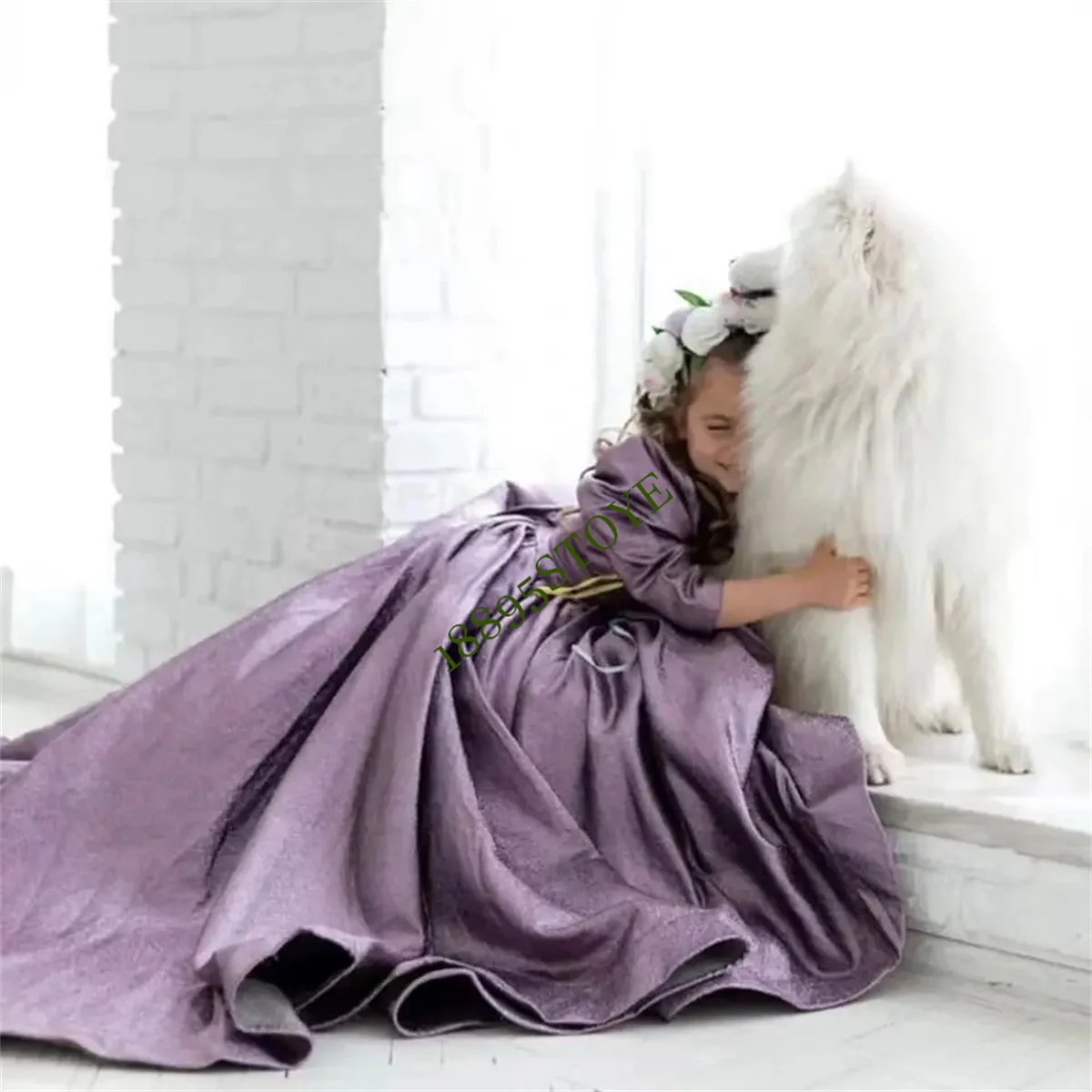 Elegant Purple Flower Girl Dresses For Weddings 2022 Full Sleeves With Bow Girl Evening Birthday Party Piano Performance Dresses