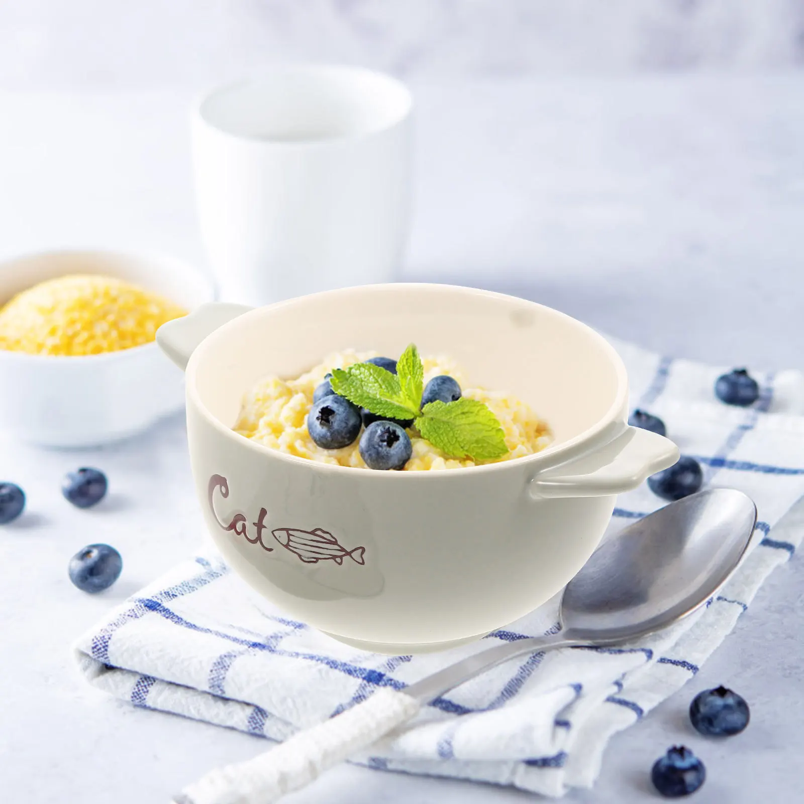 

Decorative Ceramic Bowl with Handles Exquisite Design Multi-Function Baking Bowl for Soup Cereal Salad Mixing Instant Noodle