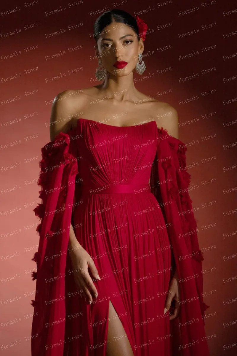 ชุดราตรีสีแดงสุดชิคพร้อมดีไซน์จับจีบและแขนไหลมีสีหนาและเงาที่โดดเด่น เน้นความงามของผู้หญิง