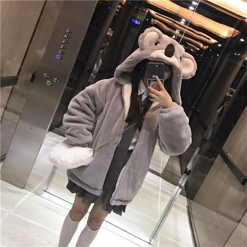 Plush Jacket Female New Style Japanese Soft Girl 2021 Winter Cute Koala Ear Hooded Jacket Student Thickened Furry Jacket Girl