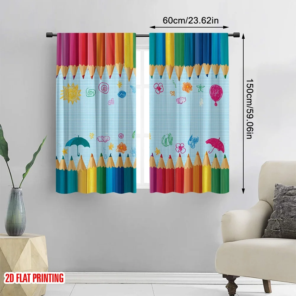 2pcs 2D flat printing Curtains Pencil Drawn Drawings Digital Printed Polyester Drapes Seasonal Party & Holiday Decor for Holiday