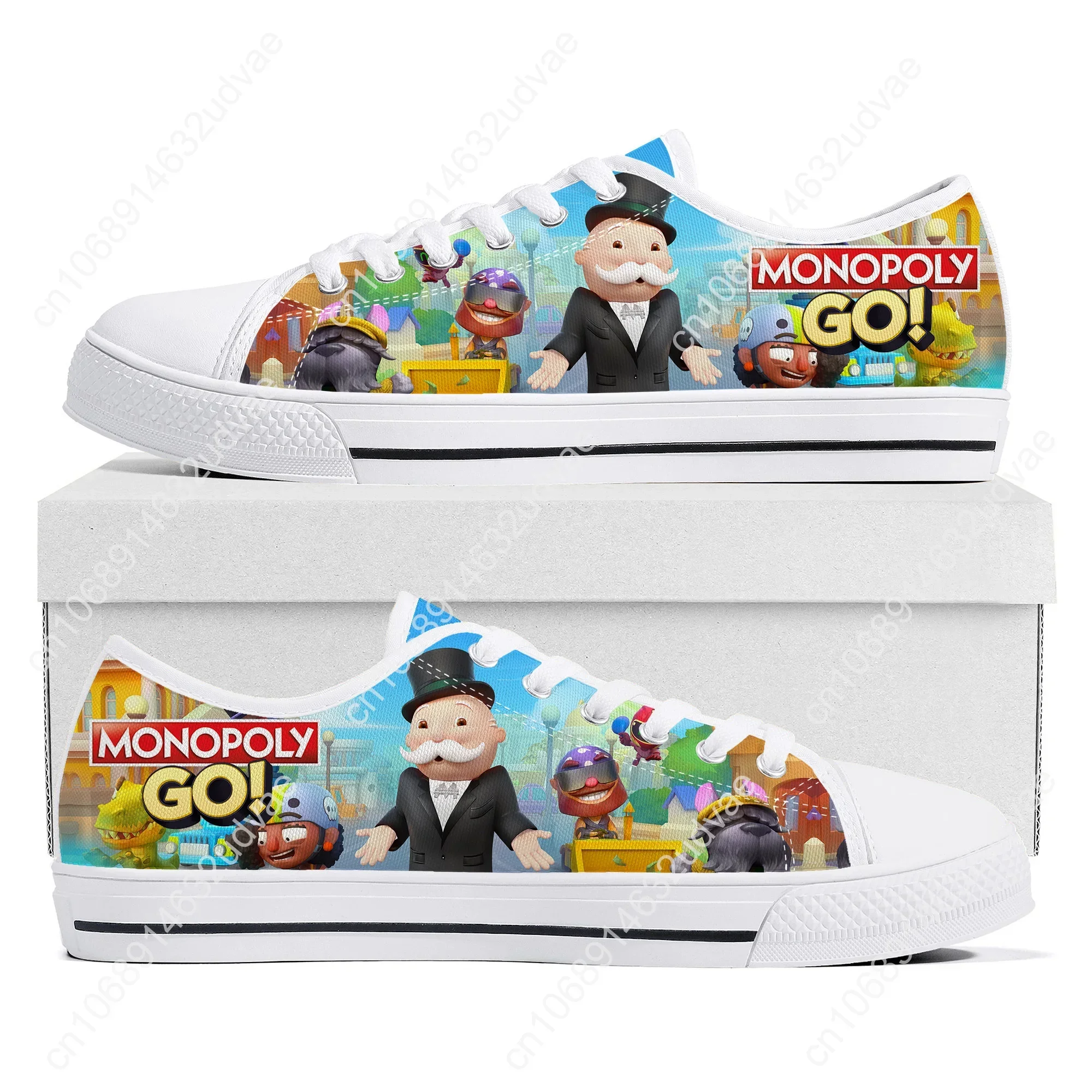 Monopoly Go Low Top Sneakers para Homens e Mulheres, Canvas Sneaker, Custom Built Shoes, Cartoon Game, Adolescente, Casal Moda, Quente, Alta Qualidade