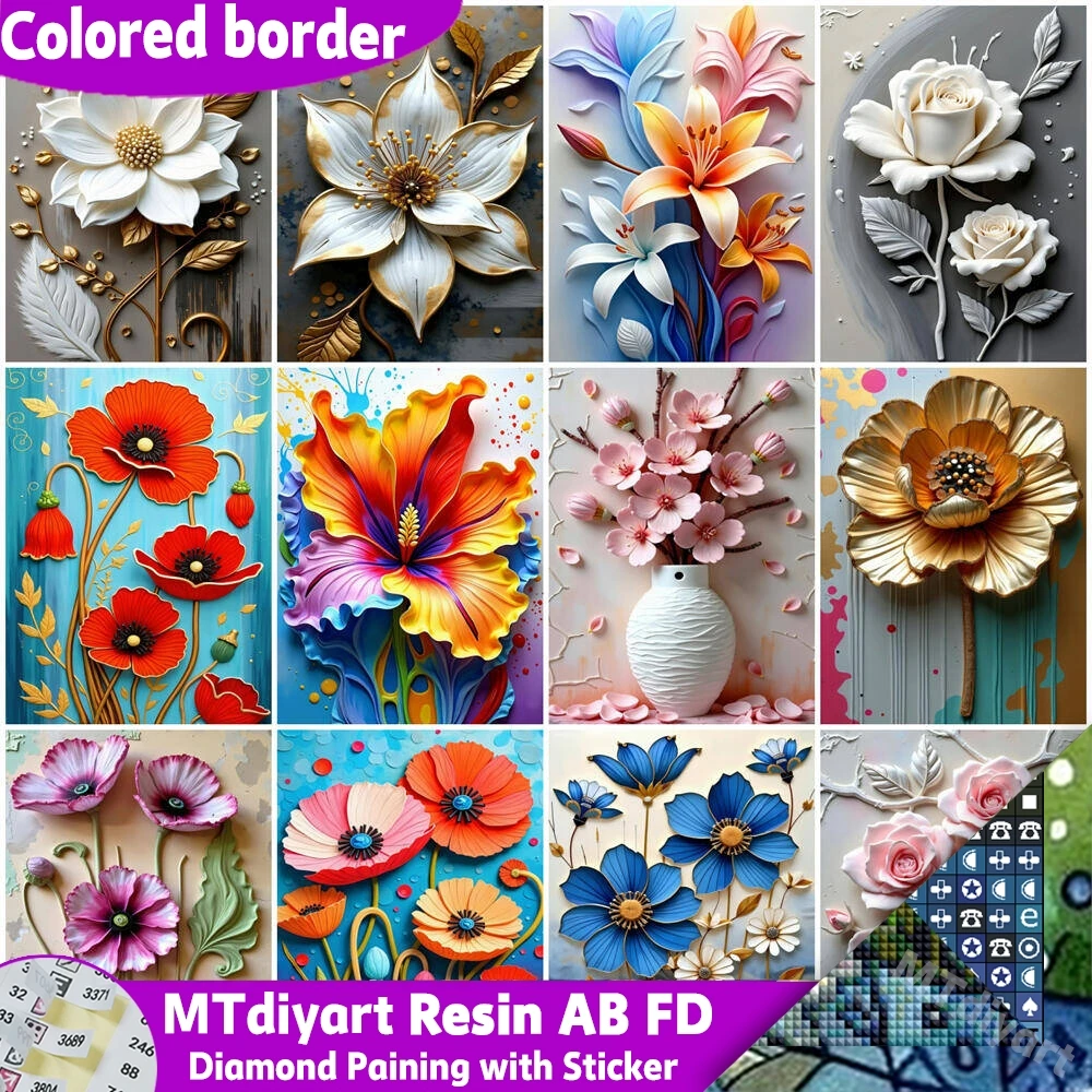 AB FD Harz-Symbol-Aufkleber für Diamantmalerei, bedruckte Leinwand mit Rand, 3D-geprägte Lilien- und Rosenblumen, vollflächig bestickt, florale Heimdekoration
