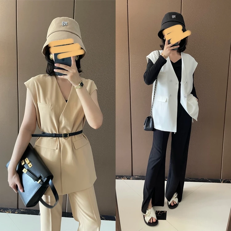

YN Slimming Elastic Waist Straight Leg Nine-Tenths Pants Vest Set Commute Sle Summer Collection Ladies Casual Wear