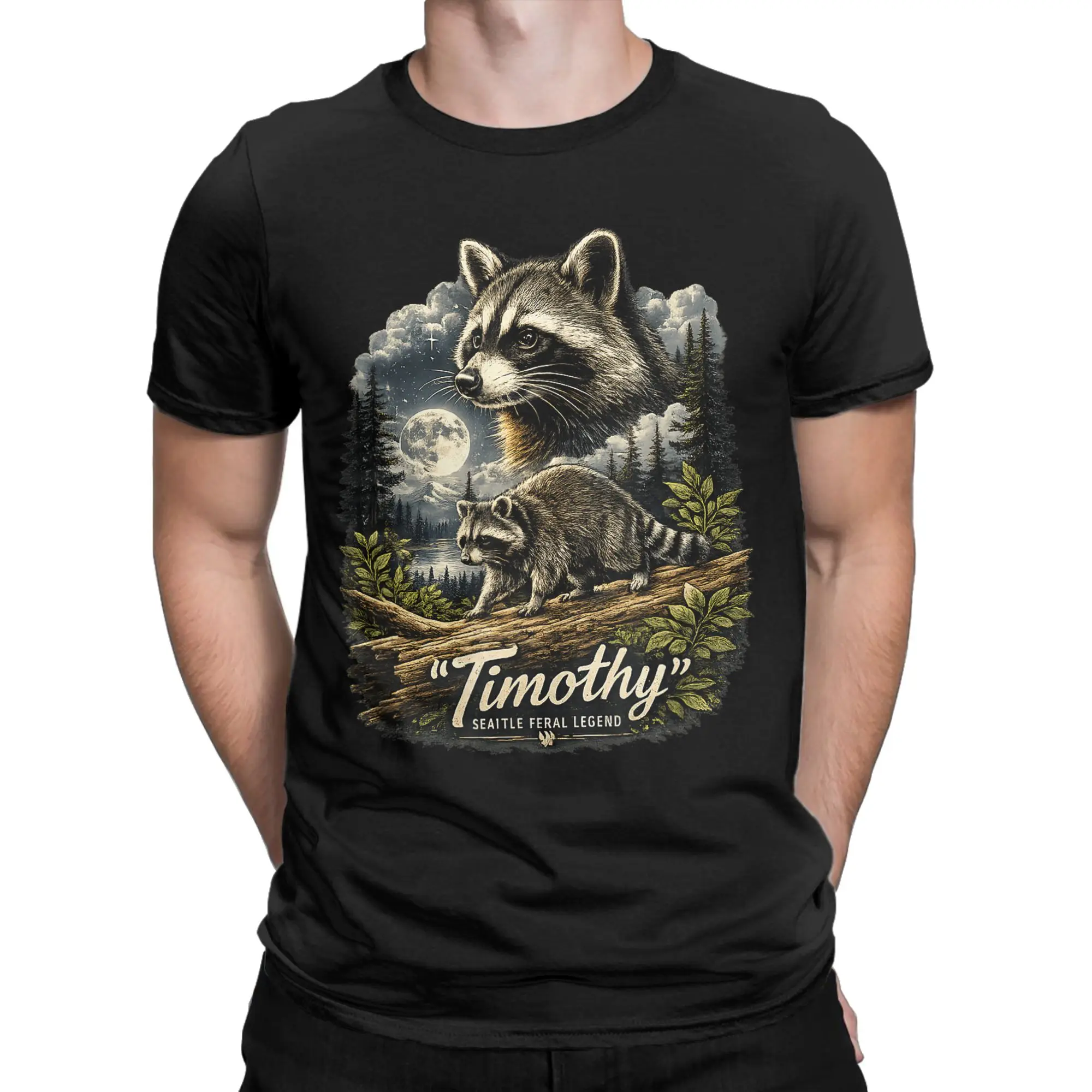 Men's Timothy Seattle Feral Legend Raccoon Moon Forest T-Shirts  Cotton Tees Summer Street Style Short Sleeve T Shirt O Neck