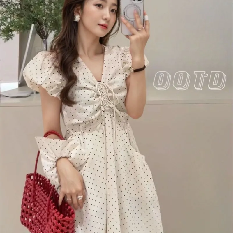 

Korean summer soft age-reducing square neck high-waisted slim-fitting large pocket design puffy sleeve polka dot dress for women
