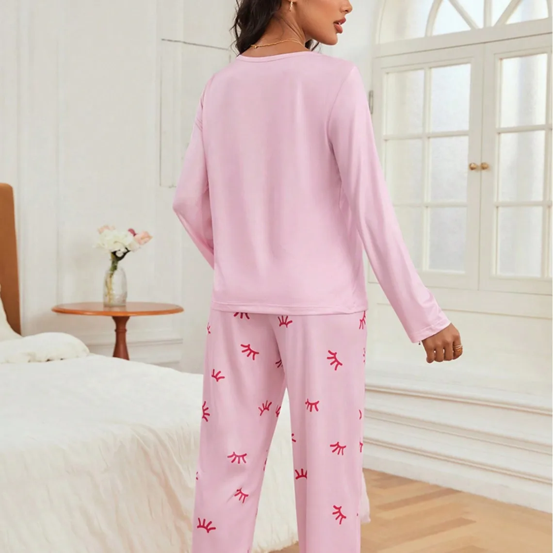 Autumn Women Pajamas Set Faux Cotton Long Sleeve Sleepwear Eyelash Butterfly Print T-Shirt with Trouser Loungewear Female Pyjama