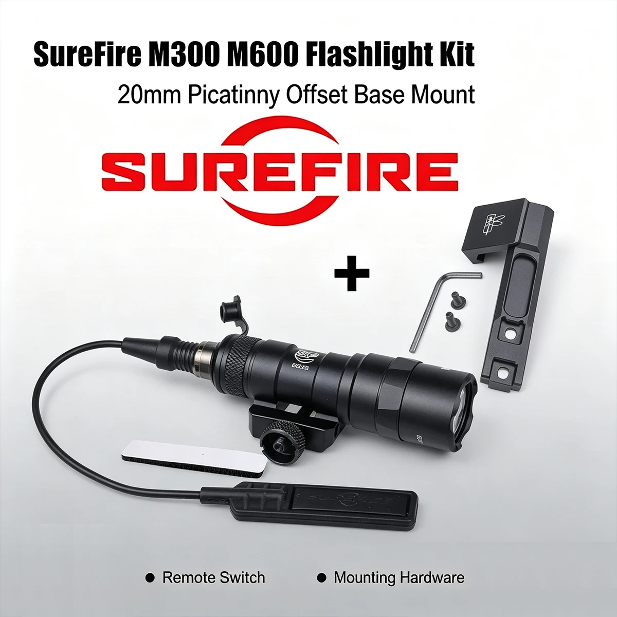 SureFire M300C/M600B Tactical Flashlight Set,20mm Picatinny Rail Offset Side Mount with Remote Switch,Hunting Airsof Scout Light