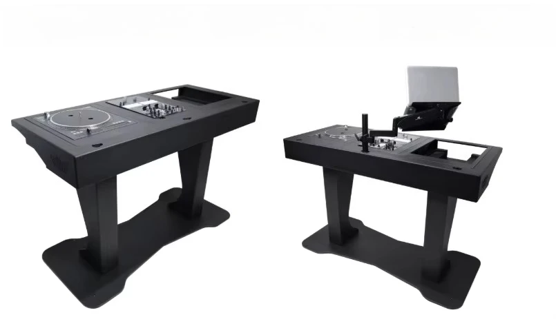 Black DJ Podium Booth Portable Control Tower Stand with Flight Cases and Laptop