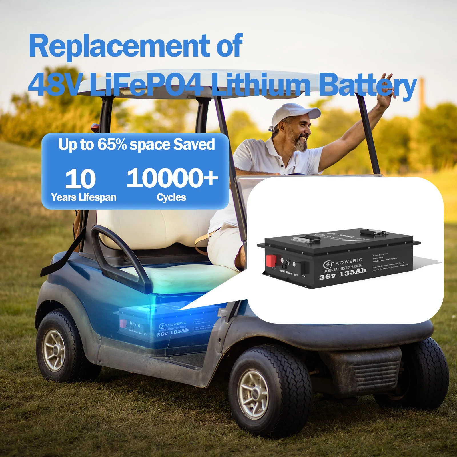 36V 135Ah LiFePO4 Lithium Battery with Charger, Built-in Smart 200A BMS, with LCD Monitor and APP, Max.7680KW Power Output, Perfect for Golf Cart, Trolling Motor, Off Grid