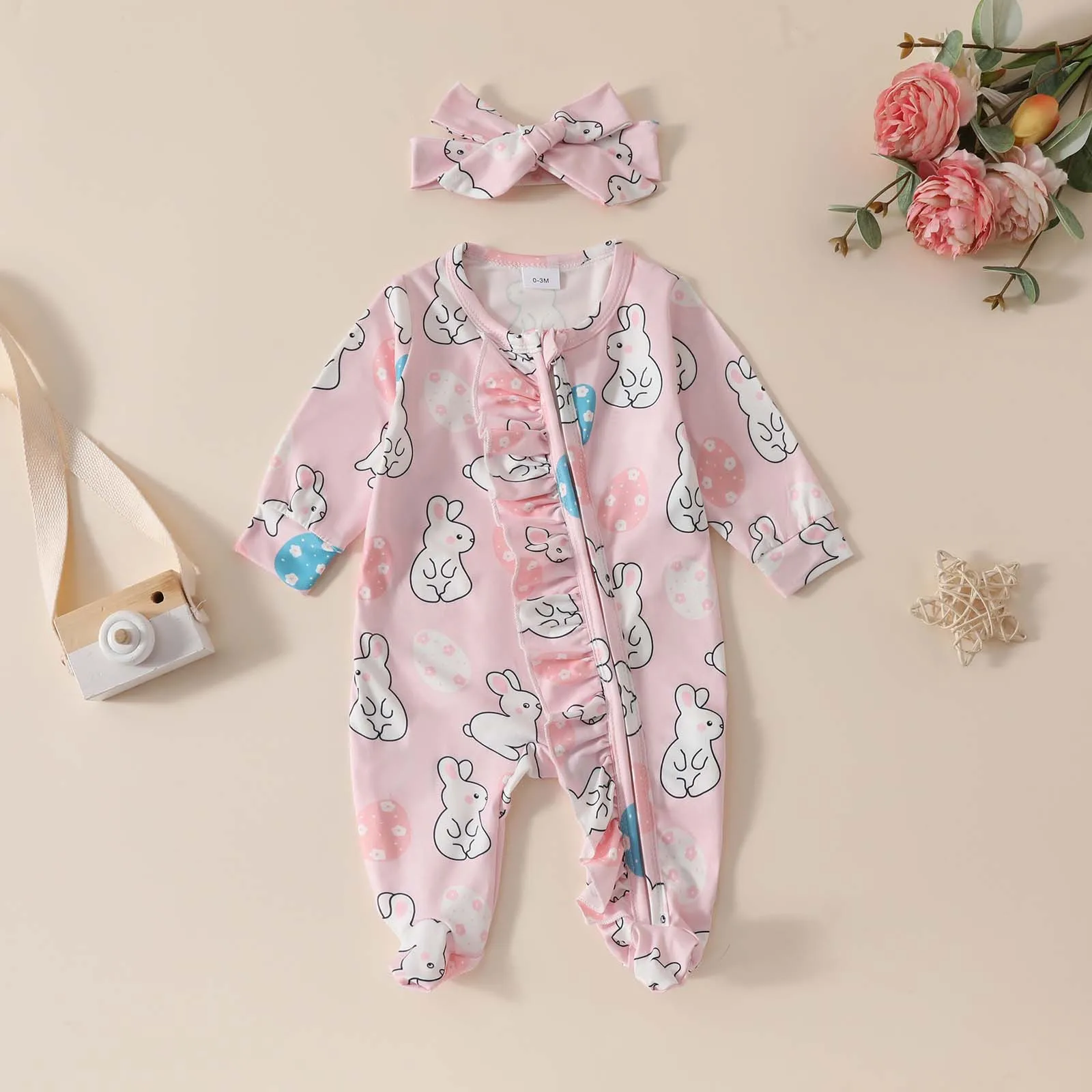 

Baby Girls Romper Spring Autumn Sweet Cute Rabbit Printed Long Sleeve Comfortable Jumpsuit Infant Toddler Adorable Bodysuit