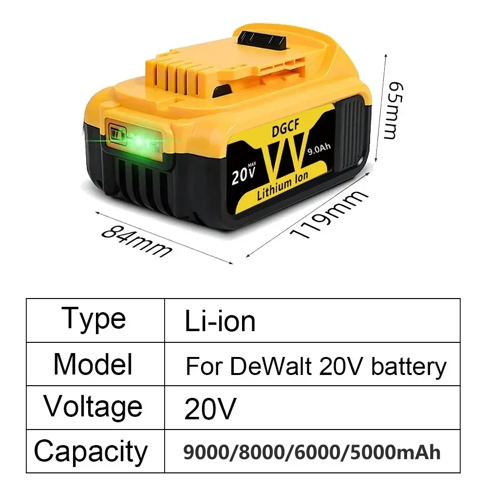 Replacement Lithium Batteries 9Ah 8Ah 6Ah DCB203 Battery for Dewalt 20V 18V Battery DCB201 DCB205 DCB200 DCB184 DCB181 DCB180