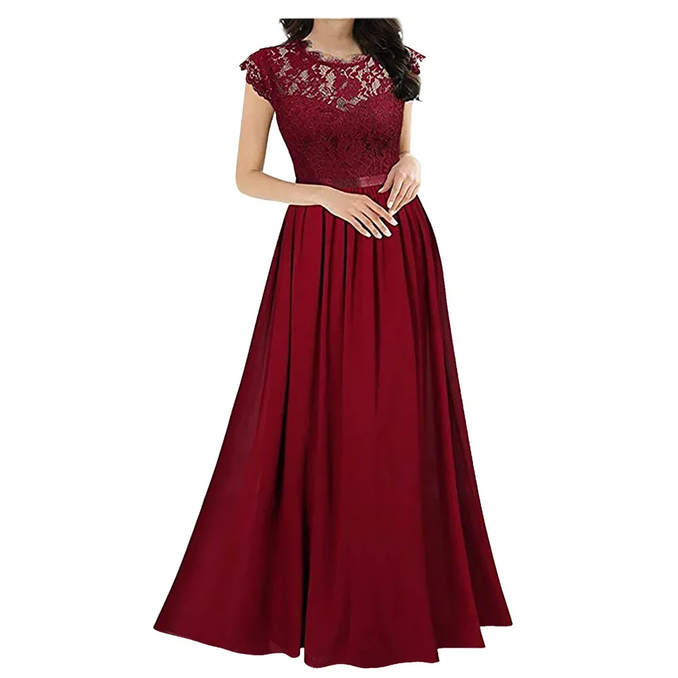 

Elegant Lace Evening Party Dress Women V-neck Short Sleeve Chiffon Dress Ladies Big Swing Wedding Long Dress Vestidos de Festa