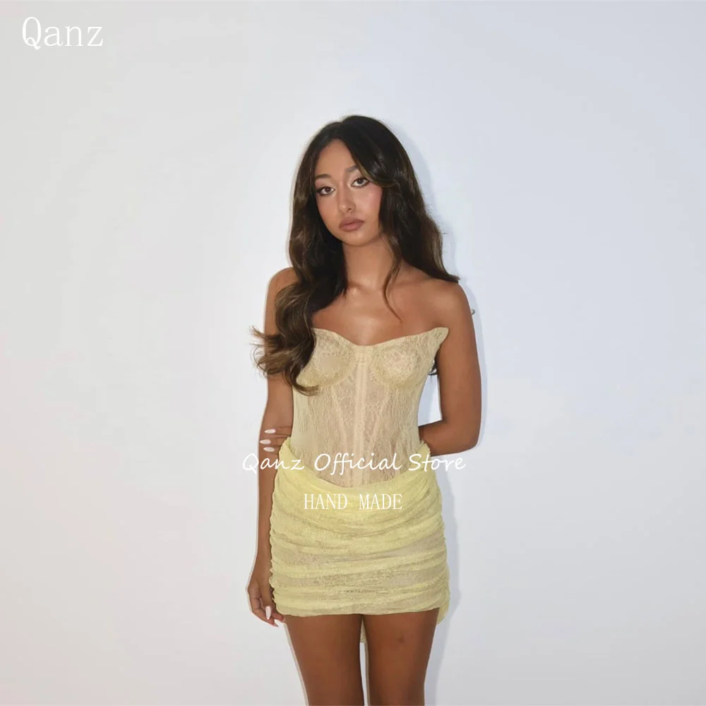 

Qanz Yellow Lace Mini Prom Dresses Corset Back Short Party Dresses For Ladies Evening Gowns Sexy Vestidos De Gala Customized