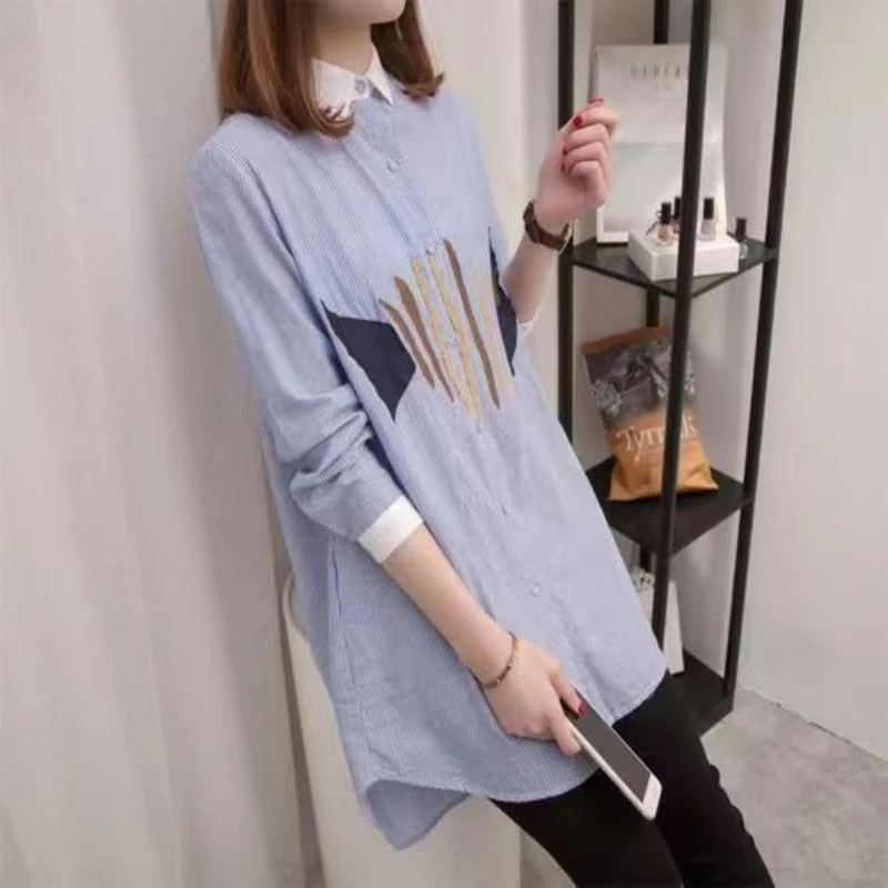 Spring Autumn New Turn-down Collar Long Sleeve Shirt Women High Street Printing Striped Button Cardigan Elegant Mid-length Tops