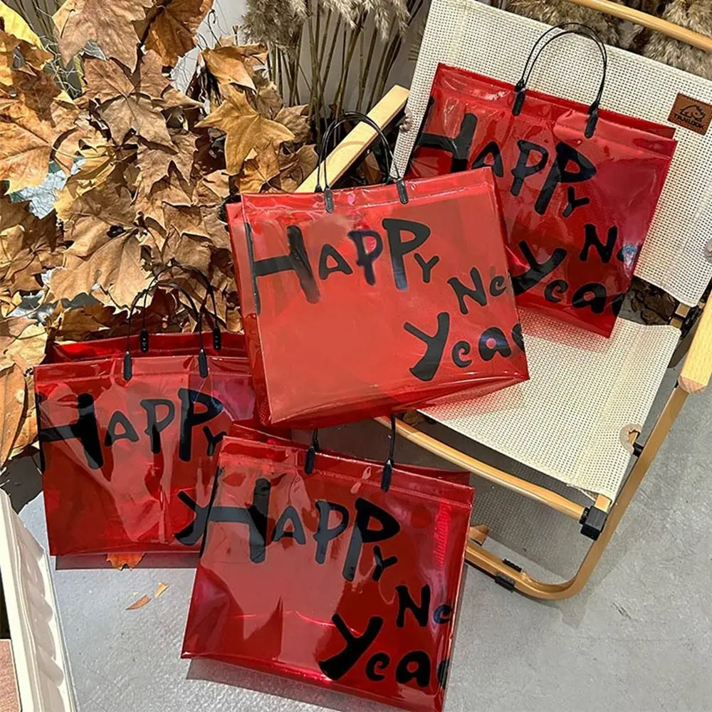 Bolsa de embalaje de regalo roja de Año Nuevo, bolsa de compras transparente con letras festivas, bolsa de mano ecológica para hombres