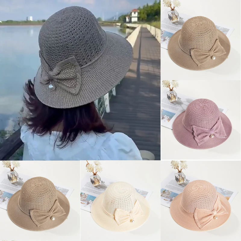 

2022 Simple Summer Parent-child Beach Hat Female Casual Panama Hat Lady Brand Women Flat Brim Bowknot Waved Cap Girls Sun Hat