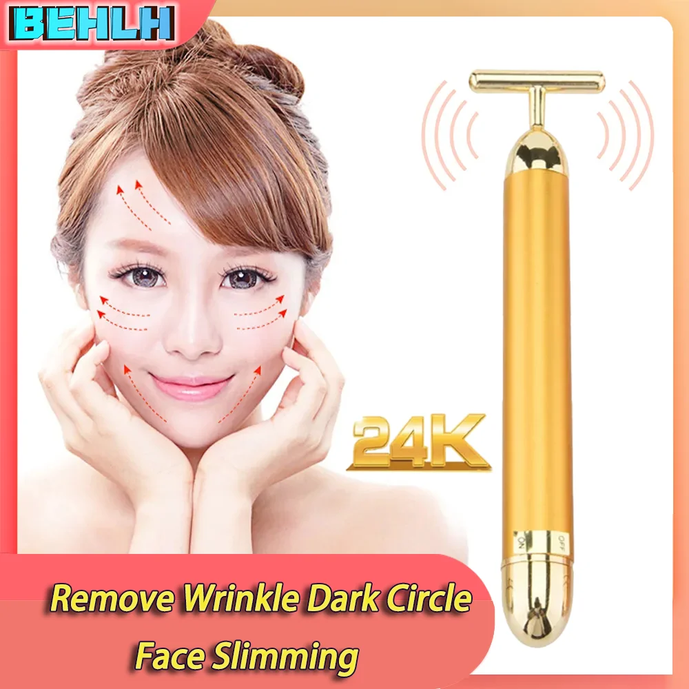 

24K Gold Roller Vibrating Facial Massager Slimming Facial Skin Beauty Pulse Firming Face Massage Lift Tightening Wrinkle Bar