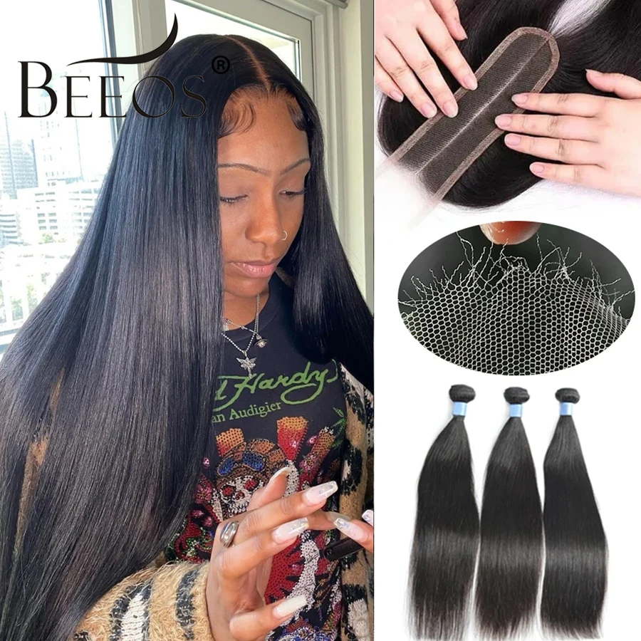 Pacotes brasileiros retos do cabelo humano, fechamento frontal do laço, 3 pacotes, 2x6, 30 dentro, 32 dentro, HD real, 3 pacotes