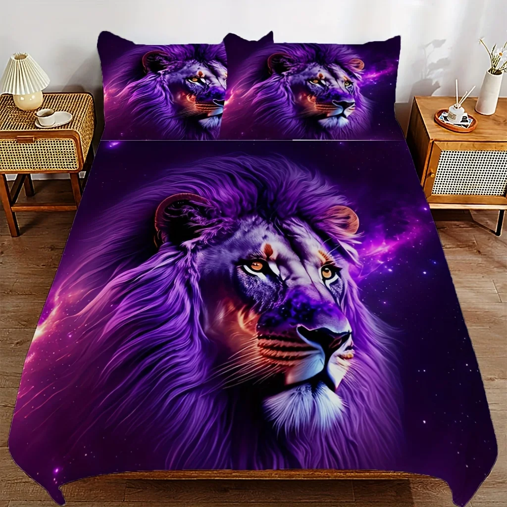 Cartoon Lion Lucky Purple Animal Bedding Quilt Cover Set 1 Quilt Cover+2 Pillowcase Soft Comfortable Breathable Easy to Clean